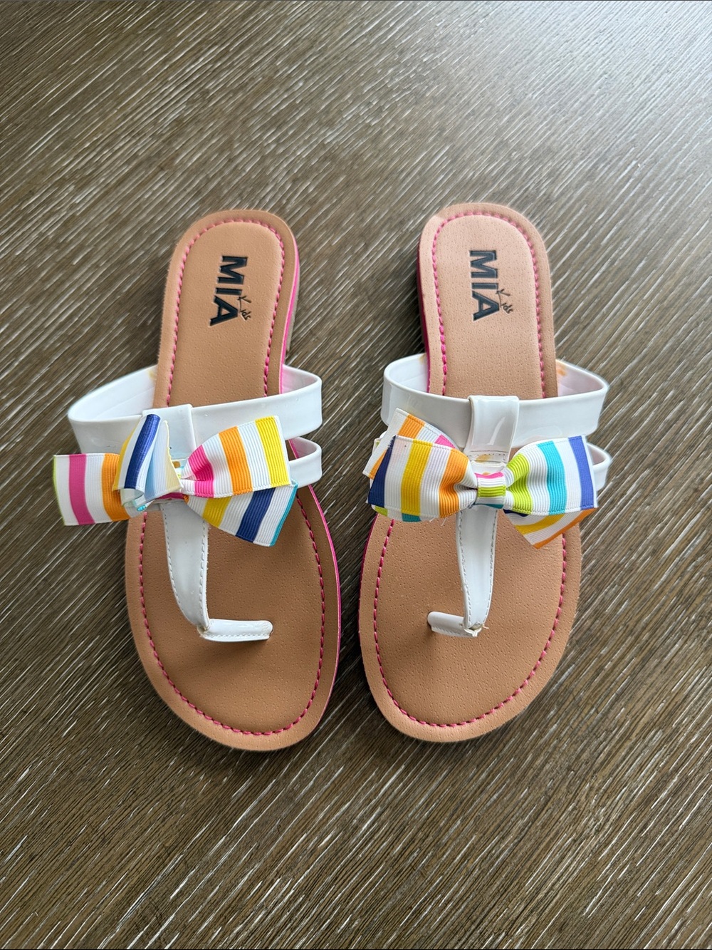 MIA White Sandals with Rainbow Striped Bows